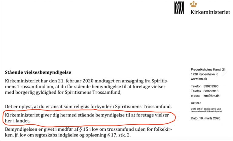 Stående vielsesbemyndigelse fra Kirkeministeriet