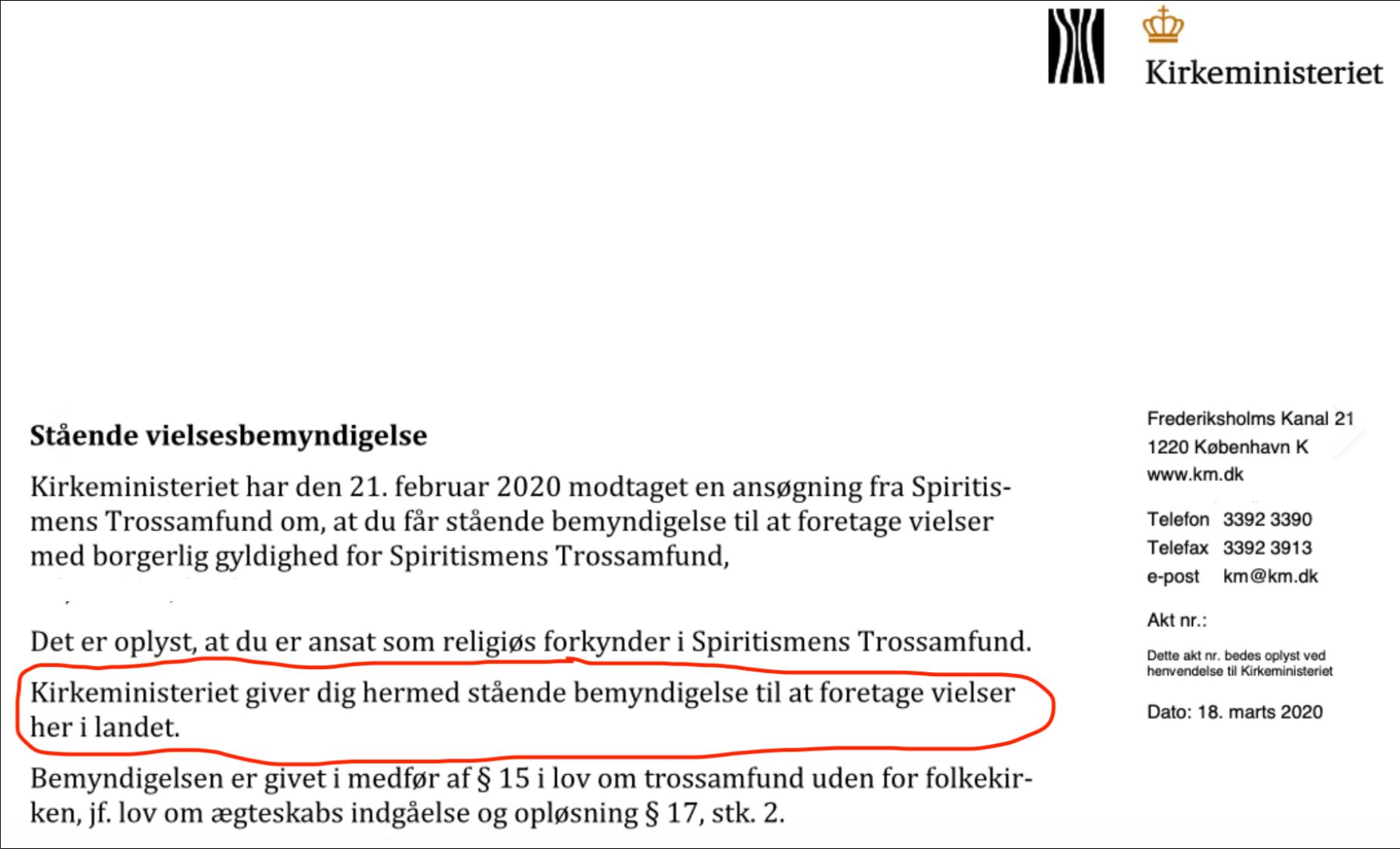 Stående vielsesbemyndigelse fra Kirkeministeriet